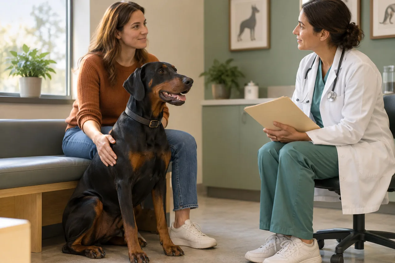 An owner and veterinary professional discussing a folder beside a black-and-tan dog